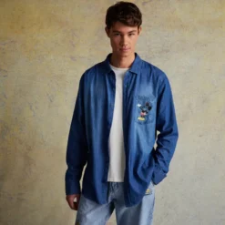 Mickey Mouse And Pluto Woven Chambray Shirt For Adults -Disney 2403052050009M 2